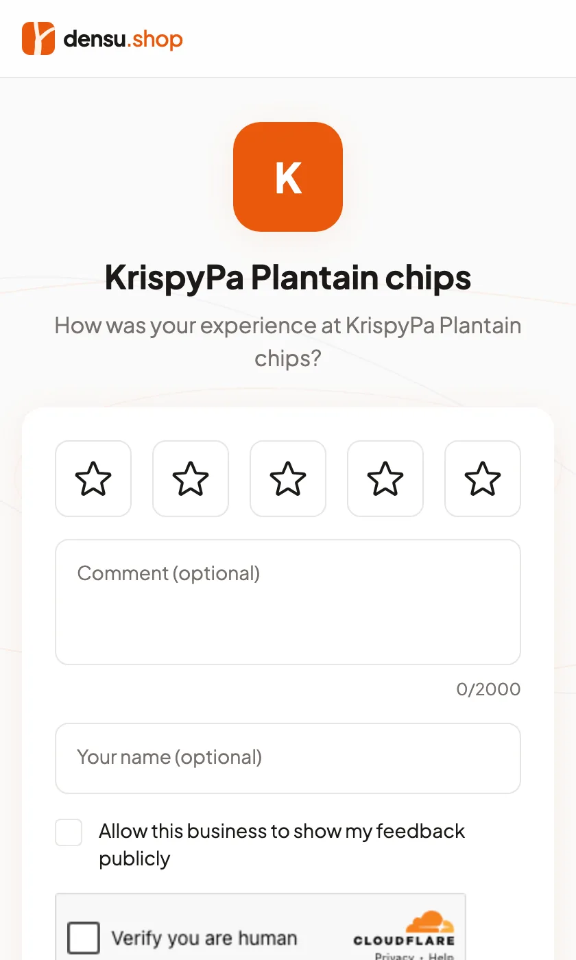 The customer feedback page on Densu on a phone: a five-star rating picker and a comment box a customer fills in after a haircut