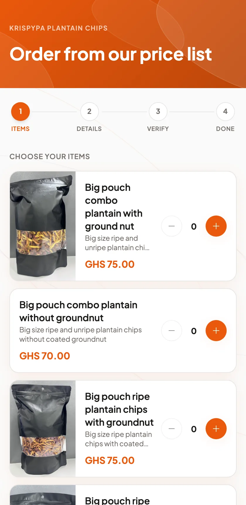 A parent ordering from a Densu page on a phone: items chosen, the total in cedis and the mobile money payment step