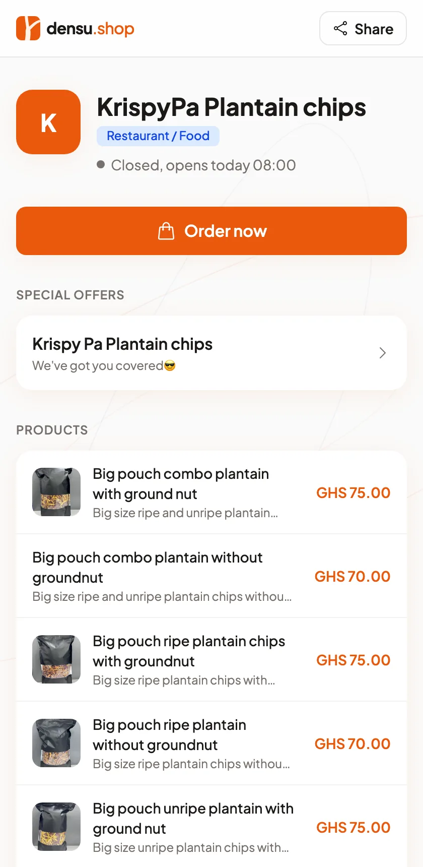 A public Densu page on a phone showing a business name, opening hours, a list of services with prices and a booking button